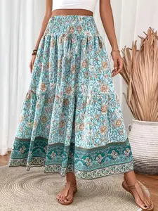Women's Fashion Floral Print Waist Cinched Skirt Printed, Elegant Bohemian Boho Vacation Style Long Dress, Suitable for Casual, Commuting, Parties, Beach
