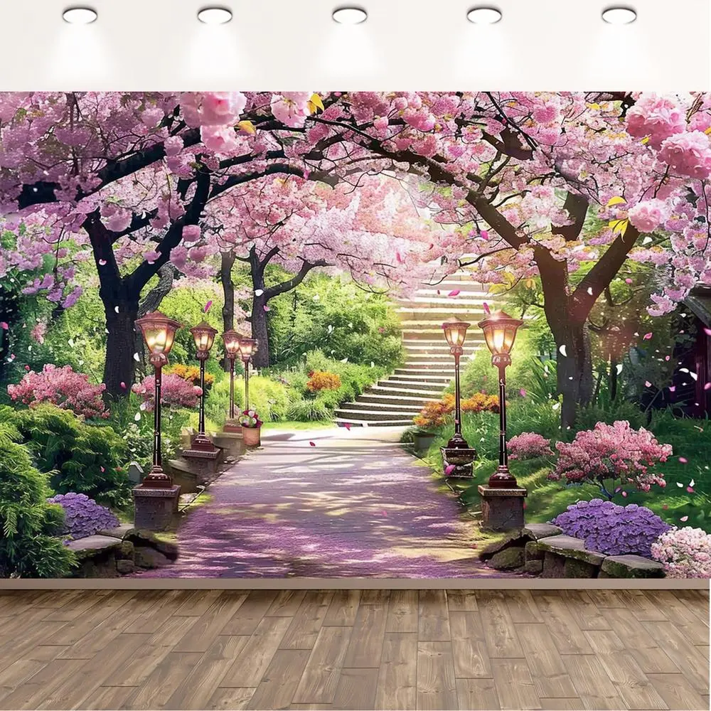 2D Flat, 2D Flat, A 2D Flat Banner Featuring a Spring Flower Cherry Blossom Path Backdrop, Suitable for Weddings, Bridal Showers, Anniversaries, And Party Decorations, Made of Polyester Photograp, Birthday