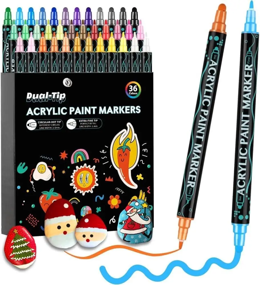 36-Color Dual Tip Permanent Markers Set (DAP36) - 1 mm Fine, 1-5 mm Broad Round Tips, Water-Resistant Multicolor for Easter DIY Projects, Unisex Office Stationery Writing Tool for Creative Individuals