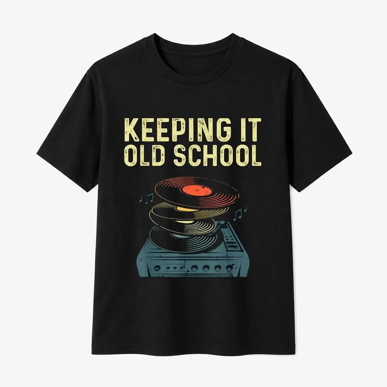 Unisex 100% Cotton Short-Sleeves Classic Graphic Sports Top, Breathable Vintage Music Record Turntable Retro Vinyl Design, Plus Size Option for Music Enthusiasts & Collectors