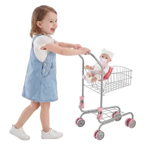 【FathersDayGift】VEVOR Shopping Cart for Kids, Sturdy Metal Frame, Grocery Store Pretend Play Toy Cart with Baby Doll, Rolling Wheels, Basket, Toy Shopping Trolley, Folds for Easy Storage, for Kids & Toddlers Ages 3+