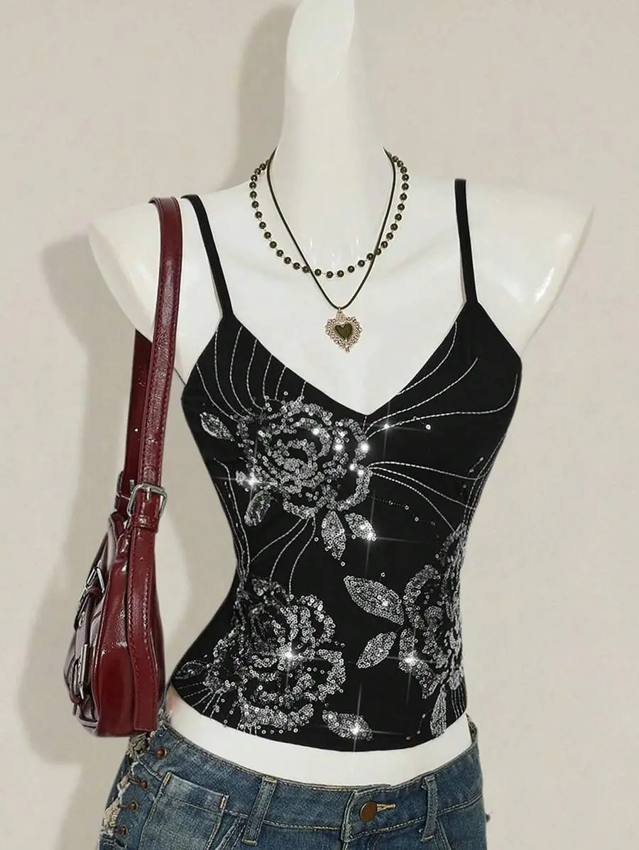 Women Y2K Summer Sequin Camisole Top Glitter Sparkly Floral Embroidered Going Out Tank Top