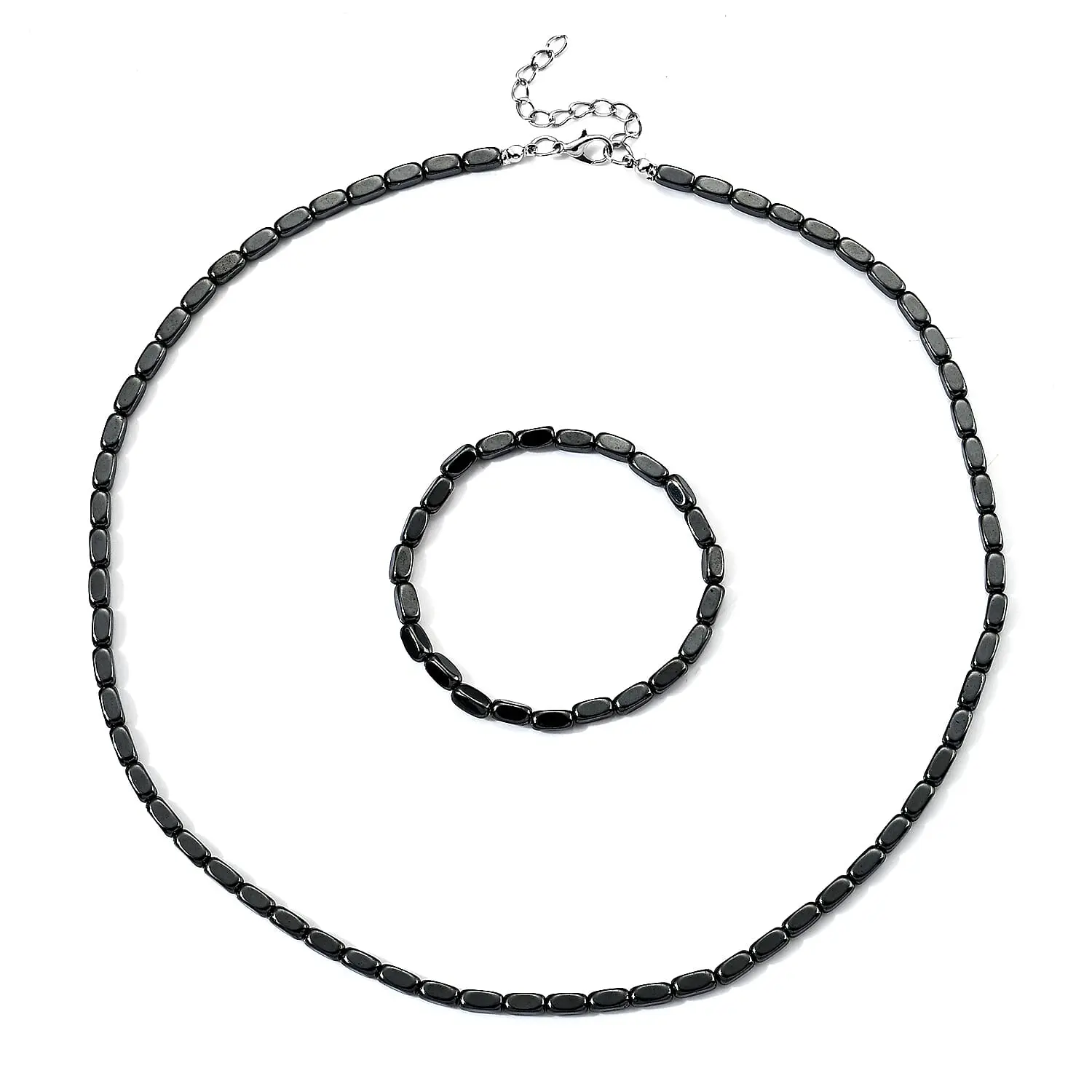Hematite Stretch Bracelet (7-7.5In) and Necklace (21.25-23.25 Inches) in Silvertone 170.00 ctw