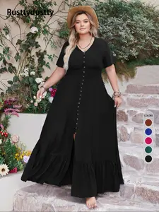 Plus Size Solid Fake Buttons Hollow Out A Line Dress, Bohemian Boho Ruffle Hem  V Neck  Dress for Beach Holiday Vacation, Women's Clothes Casual Wear for All Seasons