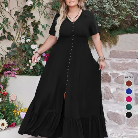 Plus Size Solid A-Line Dress with Faux Buttons and Hollow-Out Detail, Boho Bohemian Ruffle-Hem V-Neck Dress for Summer Beach Vacation, Women's Casual Wear Piece