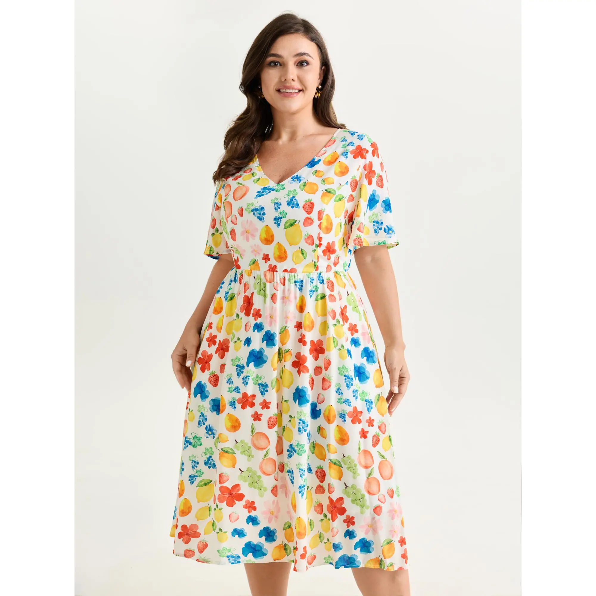 BLOOMCHIC Women's Curvy Plus Size Bohemian Colorful Fruit Print V-Neck Short-Sleeve Midi Dress [M-6X], Smooth Rayon Fabric, Casual Fit, Pocket, Low Iron, Summer Garment, Shortsleeve, Plus Size Clothes, Short Sleeves, Pull-On, 14-16/1X, Bell Sleeve