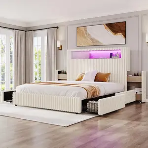 【Ships in 2 Boxes】AMERLIFE Storage Bed Frame with 51.2" Tall Upholstered Headboard, Built-in 6 Drawers & Bookcase, USB Ports & RGB LED Lights, No Box Spring Needed,Cream