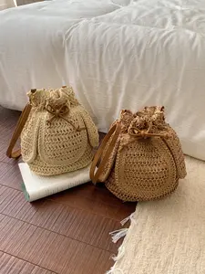 New casual drawstring crochet shoulder bag, fashionable and simple large-capacity woven bucket bag