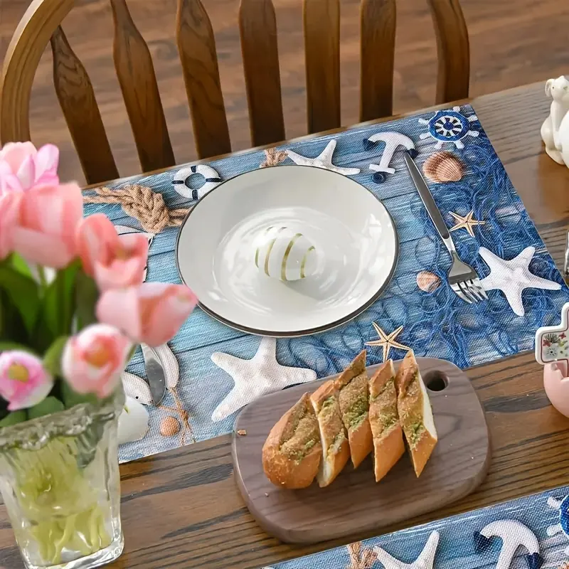 A Set of Vibrant Summer Nautical-Themed Starfish Shell Net Design Placemats, Perfect for Festive Party Decorations, Coastal Home Kitchen Dining, And Coffee Table Decor, Adding a Stylish Touch to Home Decor.