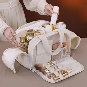 1Pc Large Capacity Travel Cosmetic Bag, 4 Compartments Multifunctional Toiletry Bag, Portable Hand Makeup Organizer Pouch Fit Luggage Suitcase