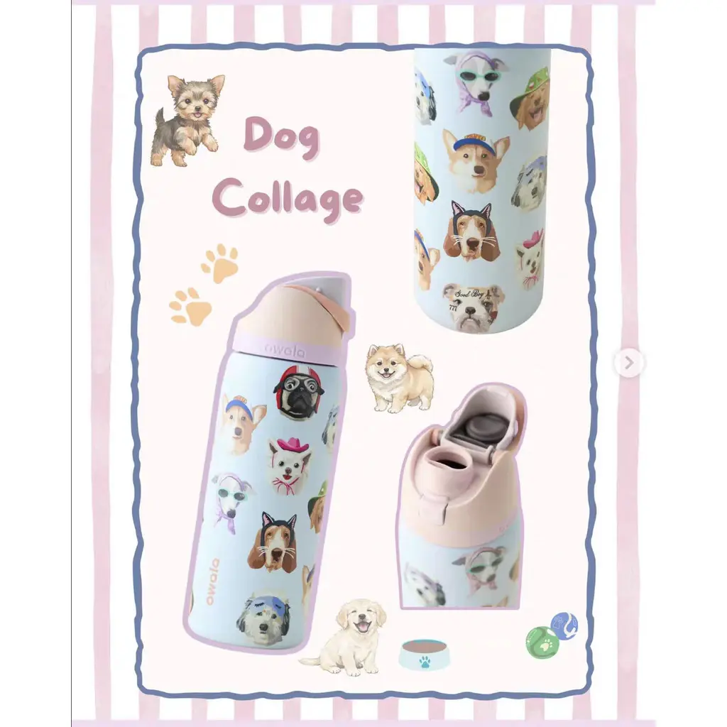 Owala Freesip -  New Dog Collage Insulated Stainless Steel Water Bottle with Straw & Flip Lid,Vacuum Insulated Travel Cup, Gift for friend