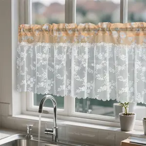 Splicing Sheer Curtain with Floral Embroidery & Patchwork Lace, Rod Pocket Kitchen Drape valance langsir bidai blackout sheer Ring brocade blind langsir hook rod gradient cabinet