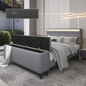 Upholstered Panel Storage Bed With Bed End Storage Cabinet, LED Light, Charging Station, No Box Spring Needed