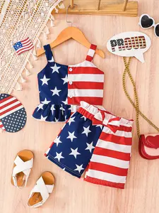 New Arrival USA Flag Independence Day Summer Original Design Sleeveless Star and Stripes Printed Baby Girls clothes outfit Clothing Sets
