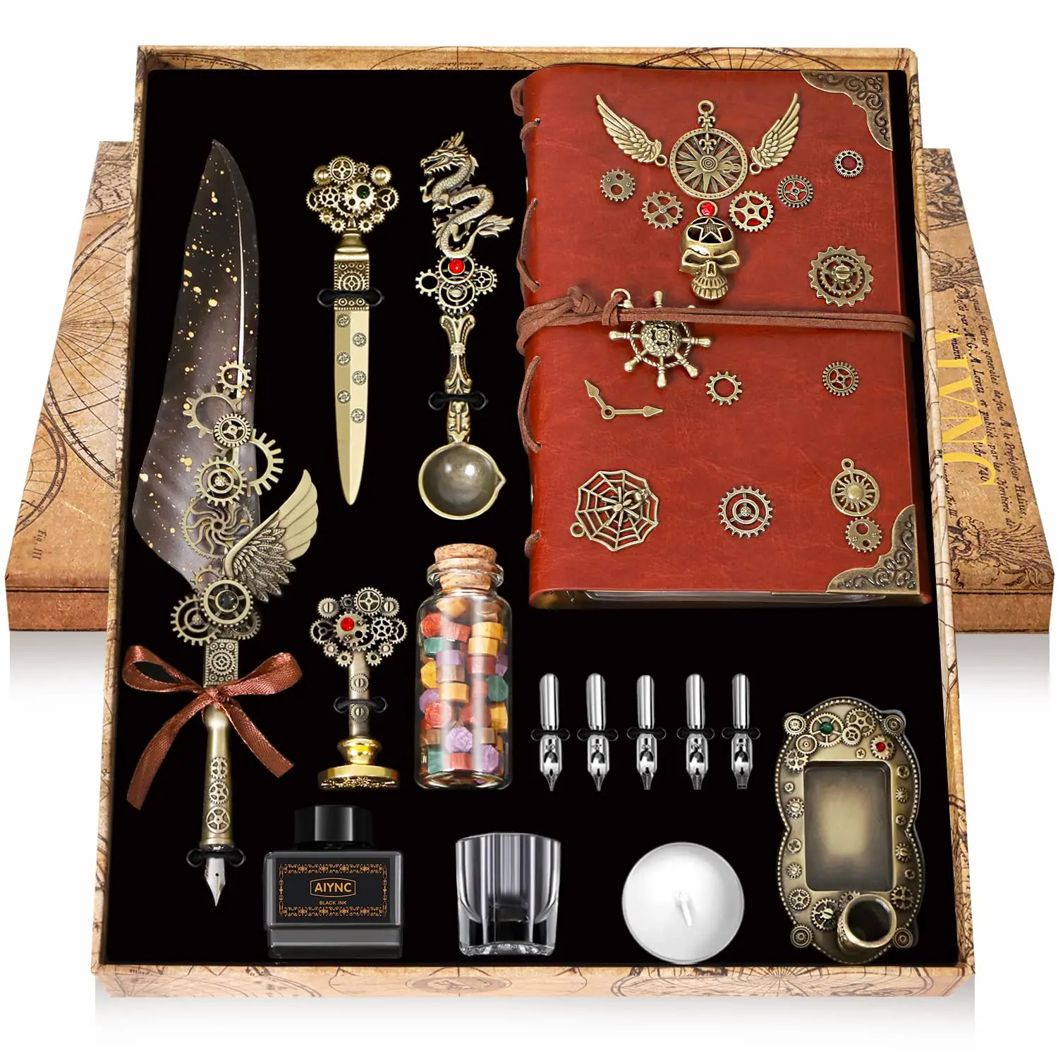 Best Selling 2024 School School Supplies Quill Pen and Ink Set with Quill Pen, Notebook, 5 Replaceable Pen Nibs, Seal, Spoon, Wax Beads, White Wax, Ink, Holder Cup, Envelope, Letter Paper, Envelope Tool