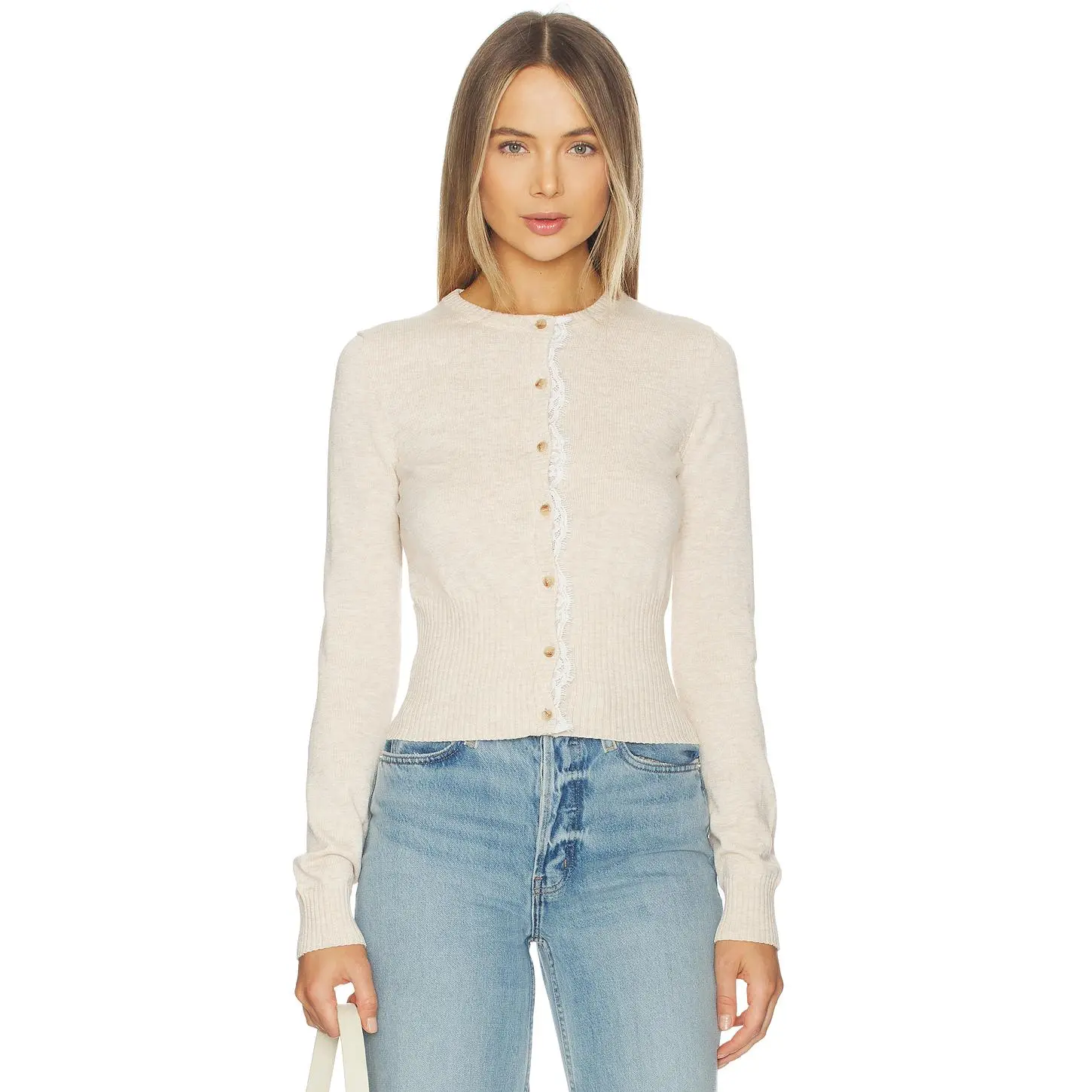 L'Academie Ashanta Cardigan in Beige W/ White Lace