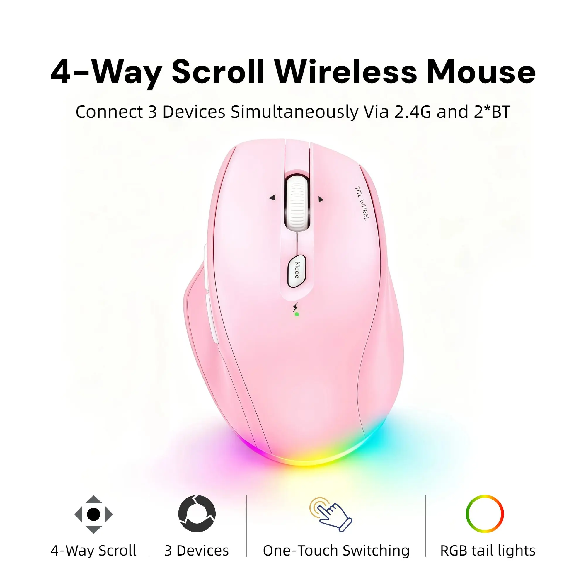 Meetion Pinik Wireless Mouse, 4-Way Tilt Scroll Productivity Mouse with Quiet Clicks, 3-Device Bluetooth and 2.4G, Rechargeable Portable Office Mouse for Laptop, PC and Home Office