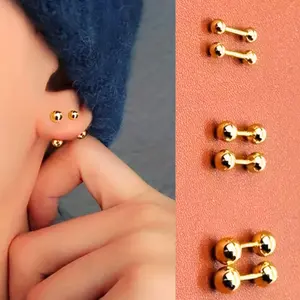 Set of 3 pairs of 14k gold plated spherical stud earrings in various sizes for men and women