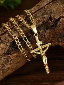 Stainless Steel Jesus Cross Necklace — Catholic Cross Pendant, Gold-Tone Chain, Church Prayer & Faith Jewelry, Exquisite Jewelry Gift, a unisex accessory