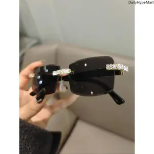 Rhinestone Rimless Sunglasses, Trendy Rectangle Frame Bling Glasses for Daily & Outdoor