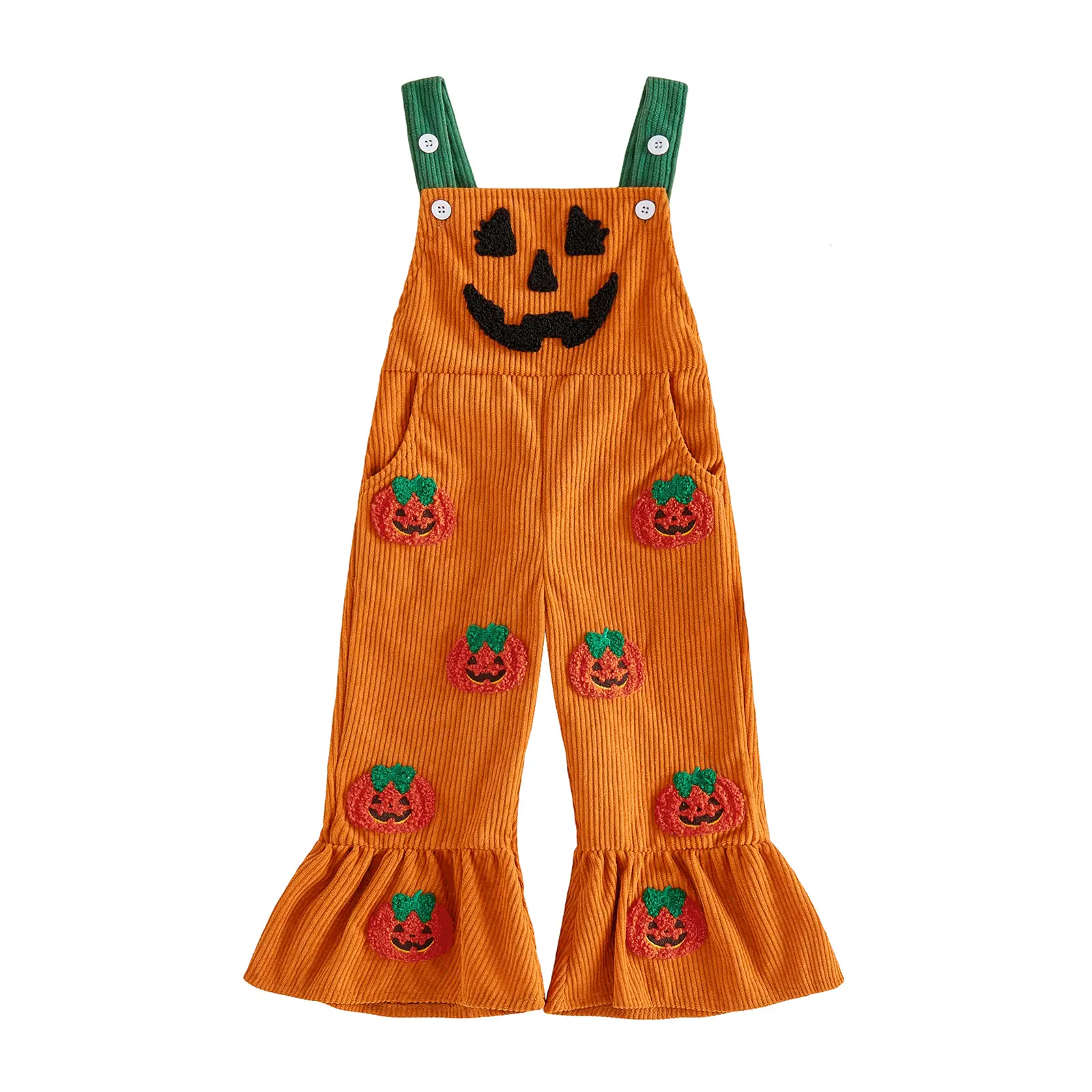 Toddler Baby Little Girl Halloween Corduroy Overalls Pumpkin Embroidered Flare Pants Jumpsuit Cute Fall Clothes 6M-4T