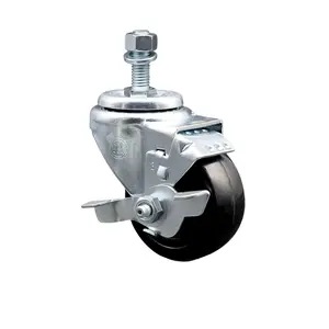 212 MAIN Stainless Steel Hard Rubber Swivel Threaded Stem Caster, Hardware Swivel Wheel with 3.5x1.25 in. Black Wheel, 0.5 in. Stem, Top Locking Brake & Furniture Moving Function, Furniture Moving Wheel