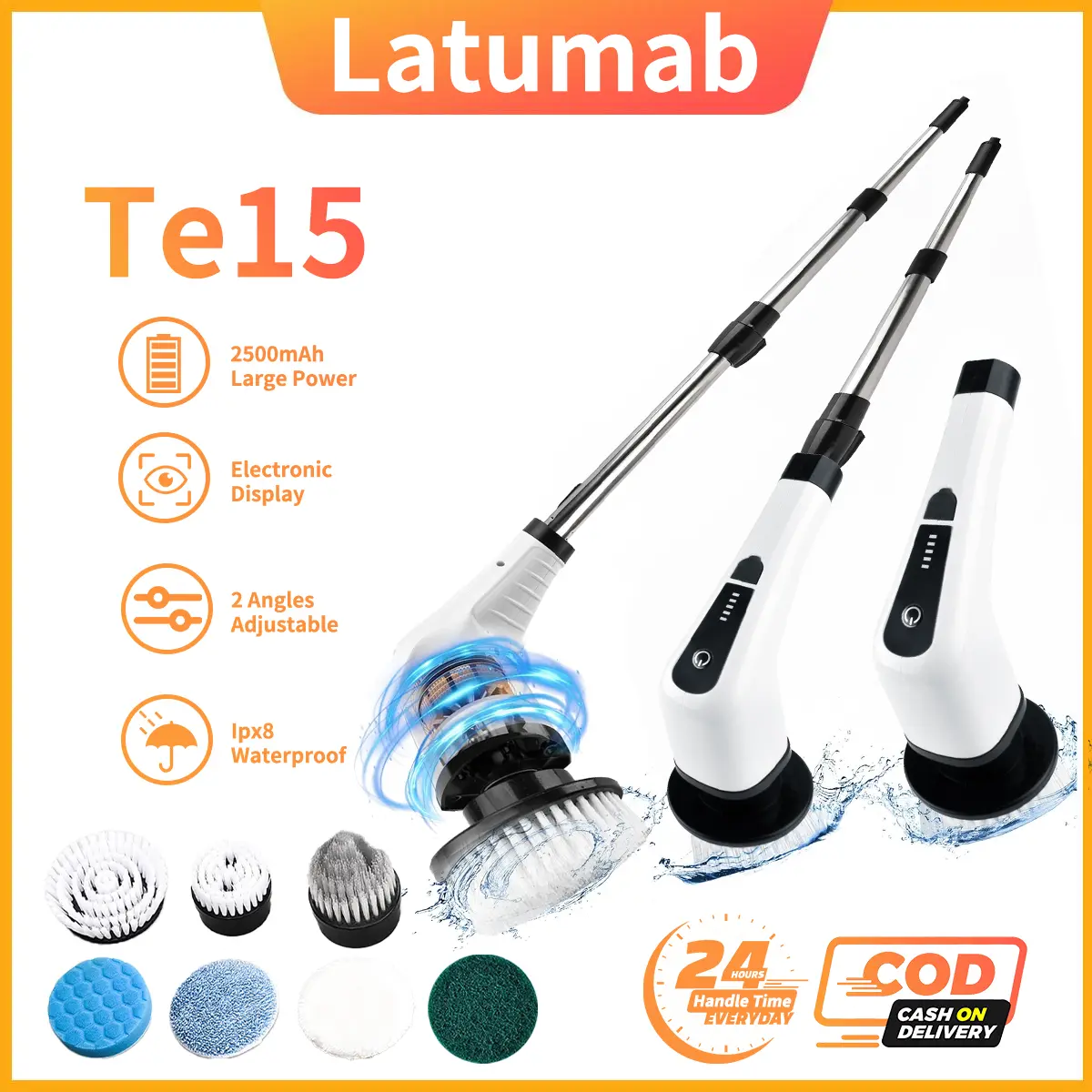 7+1 Multi-functional Electric Spin Brush, Cordless Cleaning Scrubber with 8 Replaceable Brush Heads, Tub and Floor Tile 360 Power Scrubber Dual Speed with Adjustable & Detachable Handle for Bathroom Kitchen Car