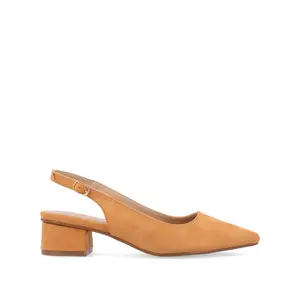 SYLVIA LOW BLOCK PUMP HEELS IN FAUX SUEDE - Tan