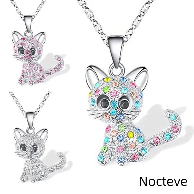 Women's Cute Kitten Pendant Necklace - Minimalist Multicolor Rhinestone Charm on Delicate Collarbone Chain for Daily Wear, Necklaces for Women