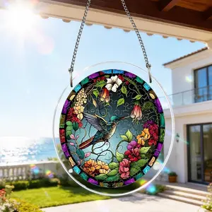 Hummingbird Floral Sun Catcher Acrylic Puzzle, Stained Glass Style Window Hanging Decor, Vibrant Garden Gift for Bird Lovers