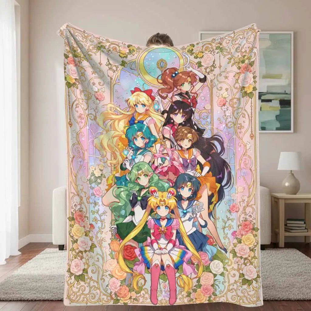 Magical Girl Transformation Flannel Blanket, Pink Star Moon Pattern, Super Soft Lightweight Breathable Warm Bed Sofa Throw, Ideal for Home Decor & Travel, Perfect Gift for Friends & Loved Ones