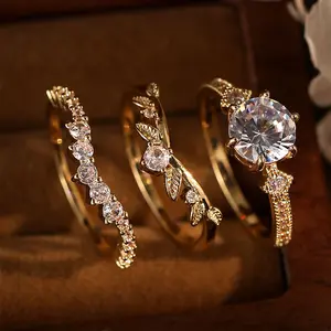3 Pcs Gold Plated Cubic Zirconia Stackable Ring Set for Women, Vintage Leaf CZ Engagement Wedding Ring Set, Dainty Bridal Jewelry for Stacking & Daily Wear