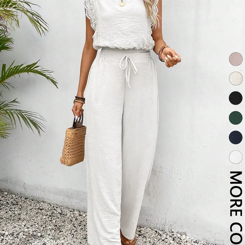 Two-piece Set Women's Basic Solid Top & Wide Leg Pants Set, Casual Style Sleeveless Top & Trousers for Summer Outfit, Ladies Clothes for Daily Wear