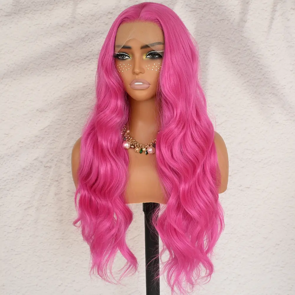 QD-Tizer Hot Pink Color Body Wave Long Hair Wigs 13x4 Glueless Synthetic Lace Front Wigs for Women Long Wavy Curly Hair Heat Resistant Fiber Cosplay Halloween Wig