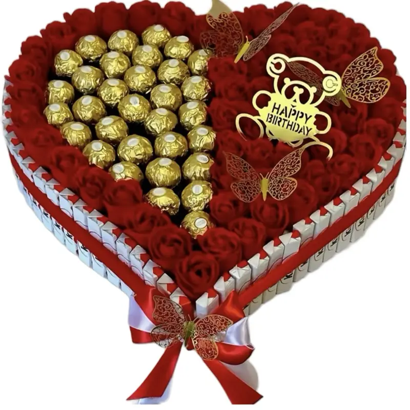 Arreglo de Corazón con Bombones Ferrero y Rosas Rojas Artificiales .