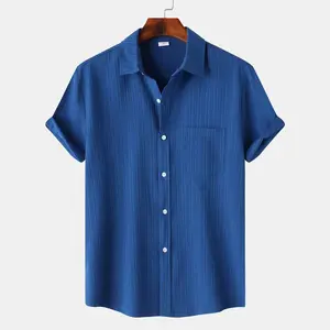 Men's Fashion European and American Short Sleeve Shirt 2025 Summer New Men's Solid Color Turn-down Collar Short Sleeve Shirt Menswear Top Casual White Blue