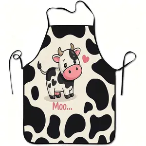A cute cow moo printed apron, durable and easy to clean, with an adjustable waistband, made of polyester, suitable for kitchen cooking, gardening, orchard picking, Christmas, Halloween and other occasions