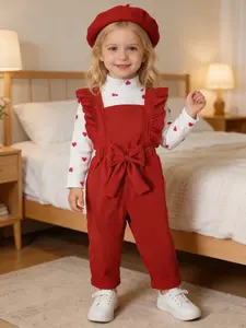 Girls' Heart High Neck Top Set, Lace Backless Pants + Hat Three-Piece Set, Comfortable Soft Fabric, Perfect for Daily Wear
