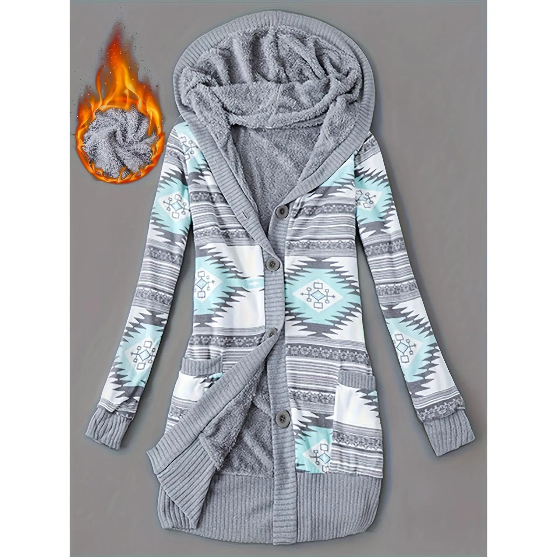 Women's Geometric Print Knitwear Cardigan - Polyester Long Sleeve Hooded Duster with Pocket Detail, Multi-Size Casual Fall & Winter Tops