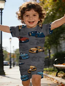 Fun racing car all-over print short-sleeve set for infants and toddlers, casual kids' clothing for babies, T-shirt suitable for daily and outdoor sports, Daily Wear. 100% polyester, a perfect gift for infants and toddlers!