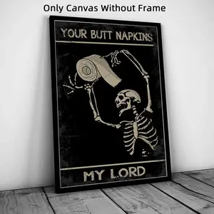 1pc Optinal Frame Funny Skeleton Design Canvas Poster, Bathroom Decor, Retro Skull Poster, Home and Office Decor, Ideal Gift for Bedroom Living Room Hallway, Wall Art, Funky Wall Decor, Black Room Decor, Waterproof Canvas Wall Art