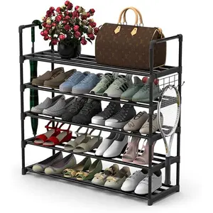 5 Tiers Metal Shoe Rack,Adjustable Shoe Shelf Storage Organizer with Hooks,Stackable Boot & Shoe Storage,for Entryway,Hallway,Closet,Black