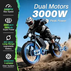 Adult 3000W T8 Dual Drive E-Bike, 60V30Ah Battery Extra-Long Endurance Up to 120Miles Range, 7-Speed, Front Suspension, 20*4.0-Inch Vacuum Fat Tires, Brake Light & Turn Signals for Safe Commute, CE Certified, 120-Mile Range