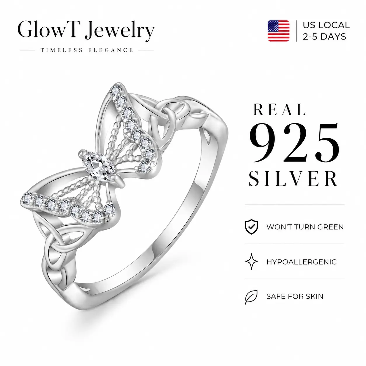 925 Sterling Silver Butterfly Ring, Openwork Filigree Design, Elegant Minimalist Jewelry for Daily Wear, Wedding, Party