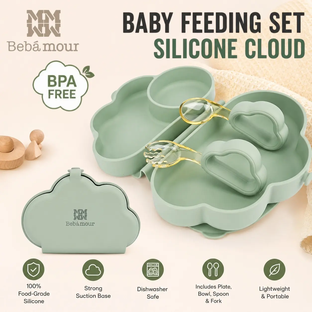 Bebamour Cloud Design Silicone Baby Feeding Set, Baby Dinnerware Set, Toddler Dinnerware Set with Suction Divided Plates, Spoon and Fork, Silicone Utensils Set (Green)