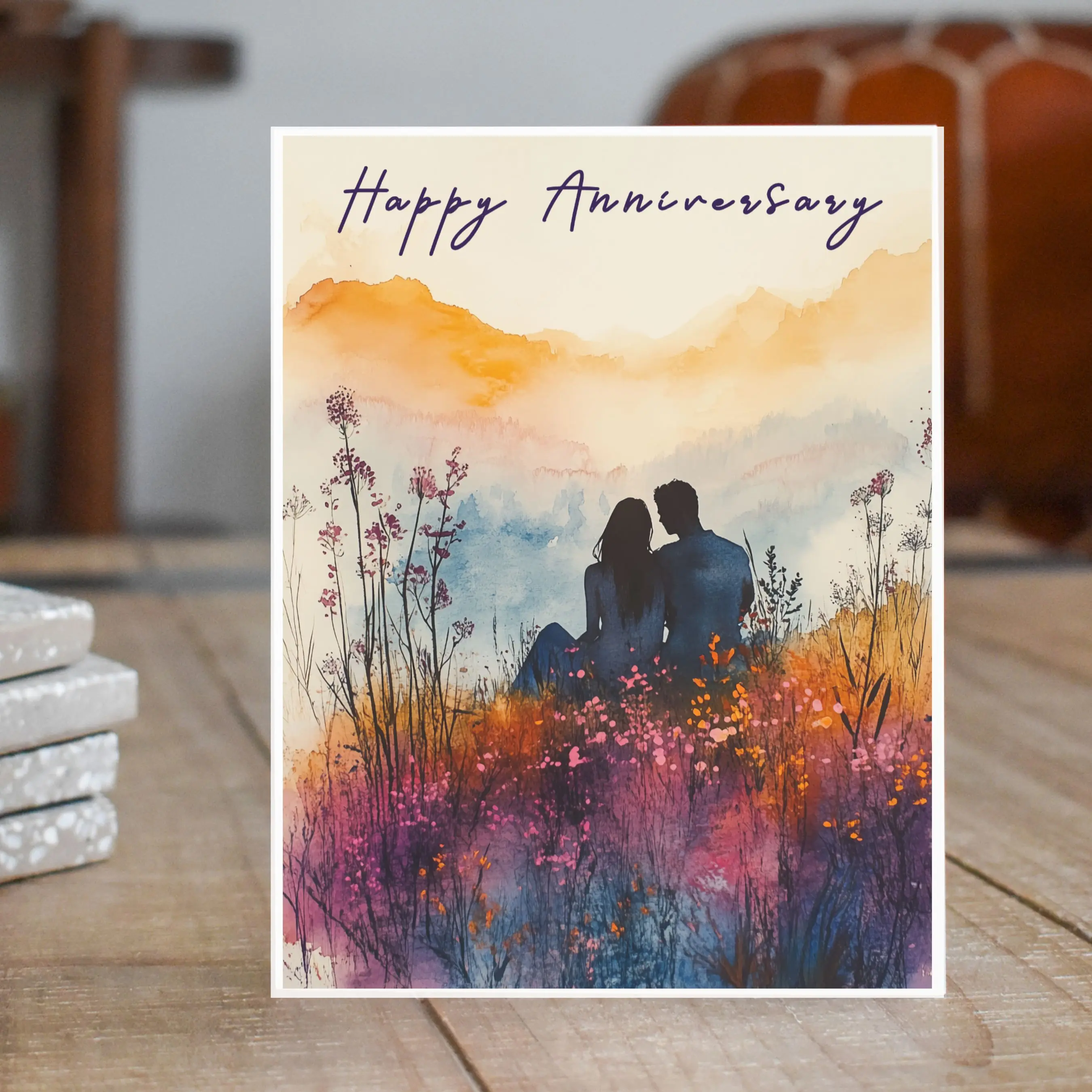 Happy Anniversary Card, Romantic Meadow at Dawn Watercolor Print, Handmade Card