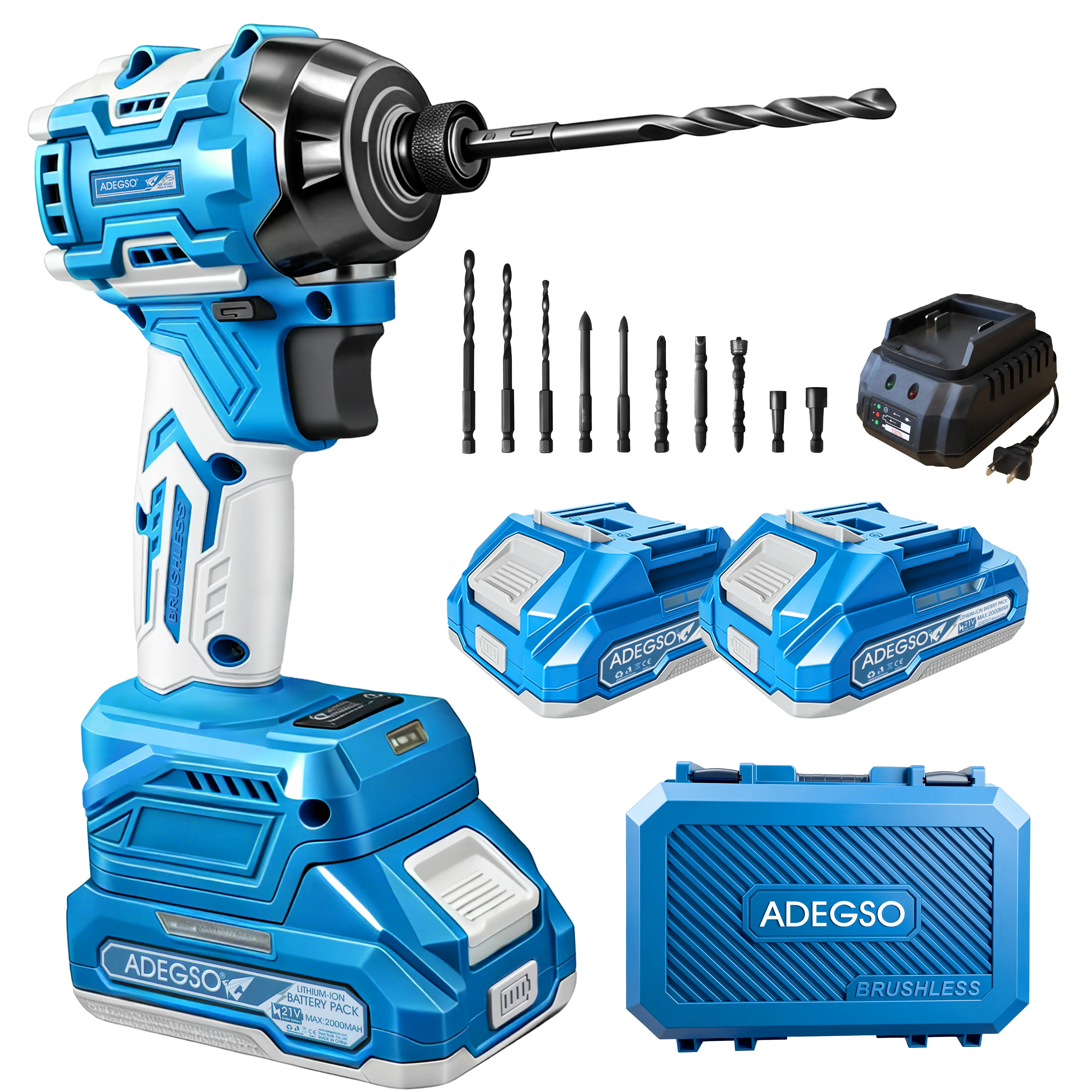 ADEGSO 3-in-1 Brushless Cordless Impact Driver Kit, 1/4" Hex Chuck, 3000 RPM, 230Nm Max Torque, 2 x 2.0Ah Batteries, Fast Charger & Accessories for Home Repair, Auto Maintenance & DIY