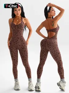 Women's Leopard Print Knit Yoga Jumpsuit, High Elastic Waist, Slim-Fitting, Long Sleeve, Casual Fashion, All Seasons, Sporty Jumpsuit, Workout Jumpsuits, Sporty Comfy Jumpsuit, Sportswear Jumpsuits