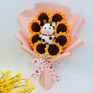 crochet sunflower bouquet, cute cow design knitting flower bouquet, decorative flower for home party wedding anniversary festival, fruit