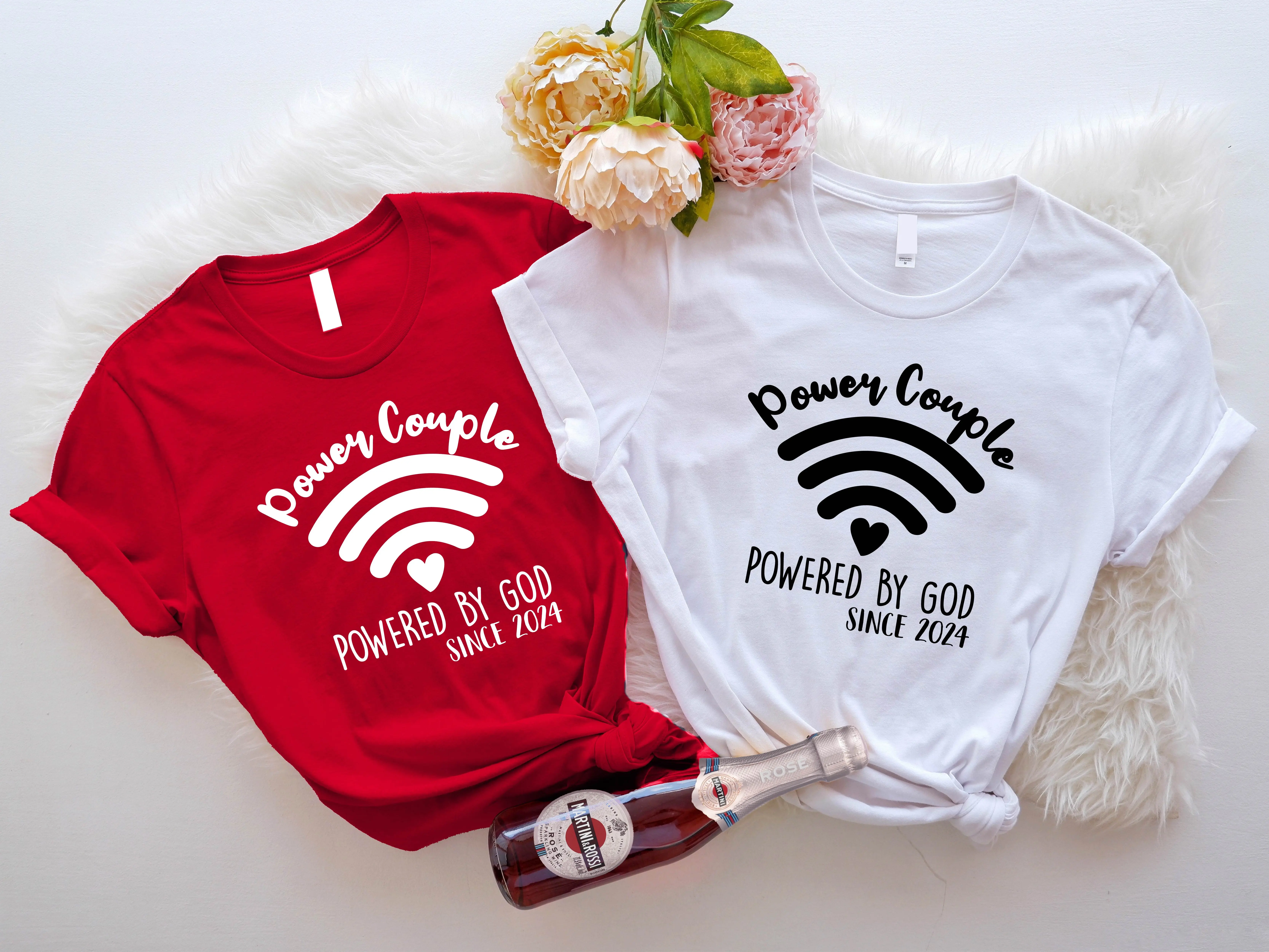 Power Couple Matching Shirts, Powered By God Since 2024 Couple T-shirts, Cute Anniversary Tee, Couple Valentine's Day Matching Shirts, Funny Lovers T-shirt, Married Couple Shirts
